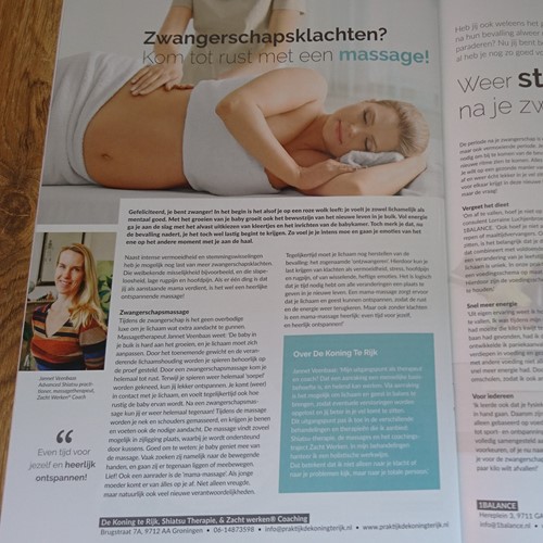 Jannet Veenbaas / De Koning Te Rijk, Groningen staat met een artikel over zwangerschaps massage in het For You magazine