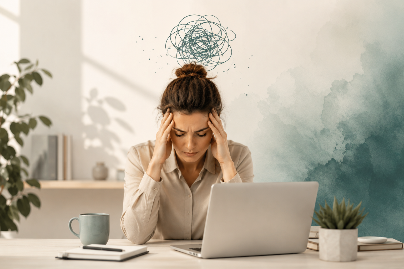 Vrouw met stress en hoge werkdruk achter laptop 